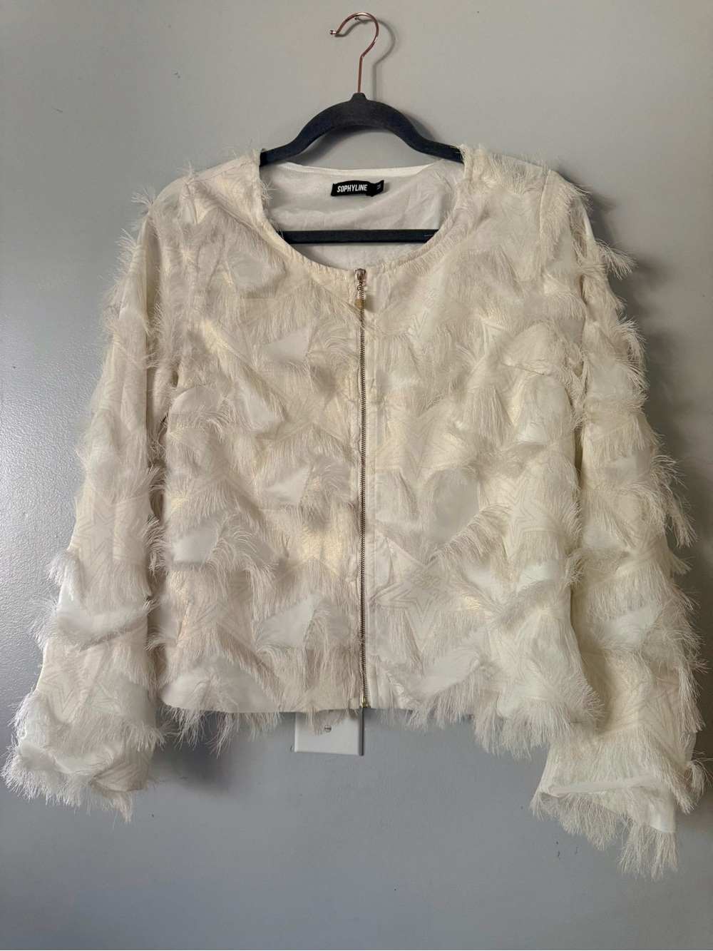 Sophyline Cream White Faux Feather Shag Fringe Zip Jacket – Size M